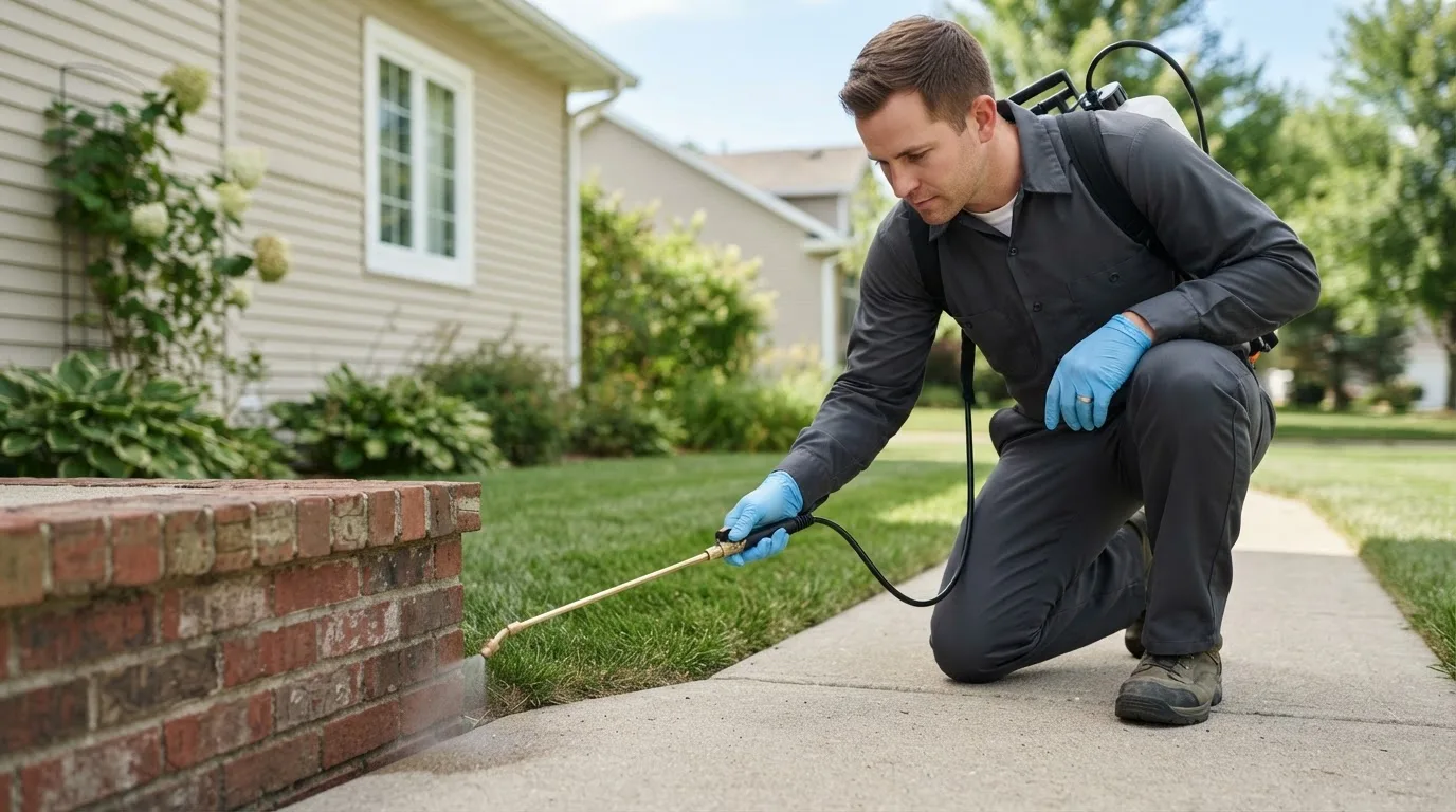 Pest control technician treating a home near Lawrenceburg, TN